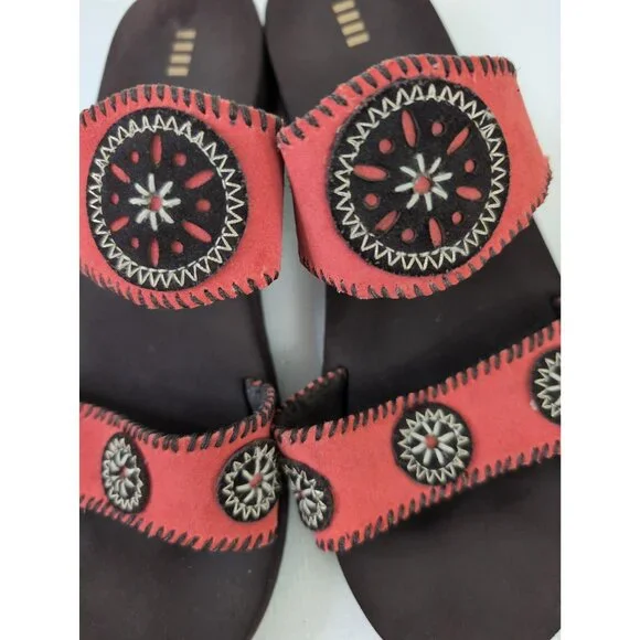 Lands End Wedge Sandal Womens 10 Red Brown Slip On Cushioned Southwestern Casual - Picture 6 of 9